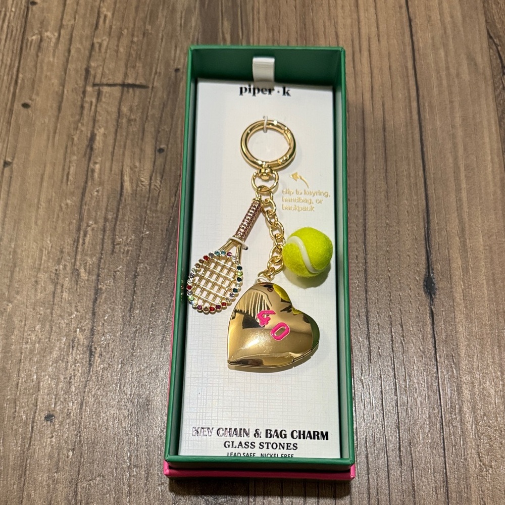 NIB Piper K Tennis Key Chain with Locket Heart, Racquet, and Ball